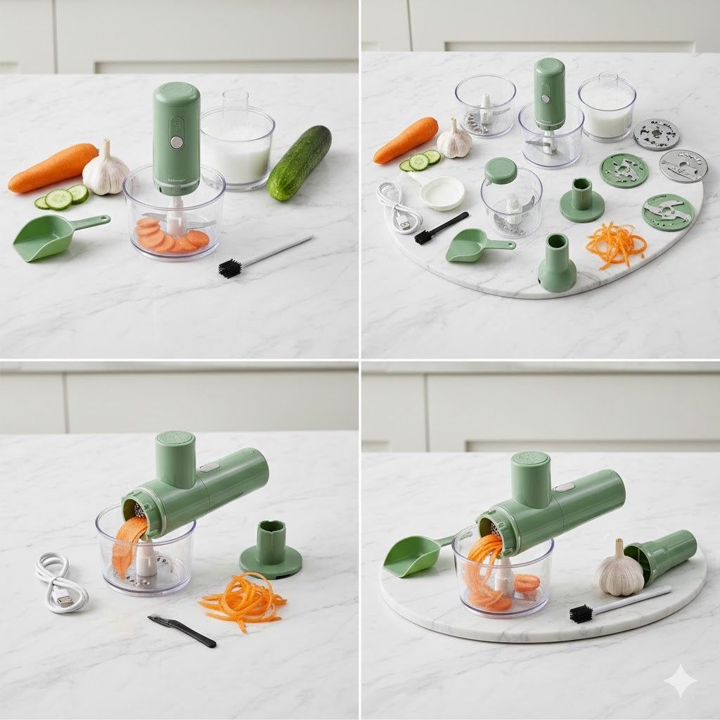 4 in 1 Portable Electric Vegetable Cutter Set | USB Rechargeable Chopper, Slicer & Peeler